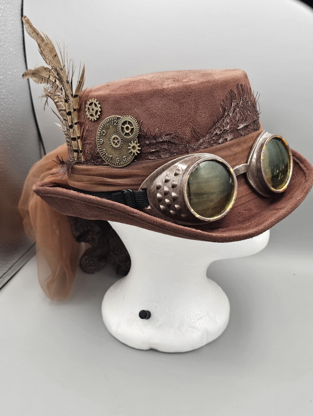Steampunk Brown Goggles Top Hat with Feather Trim